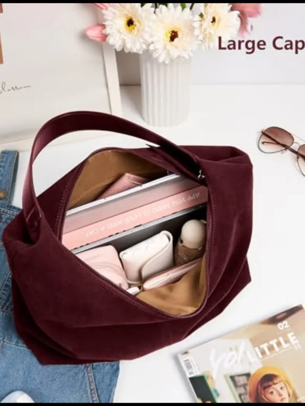 Slouchy Hobo Tote Bag Vegan Leather Zipper Shoulder Handbag
